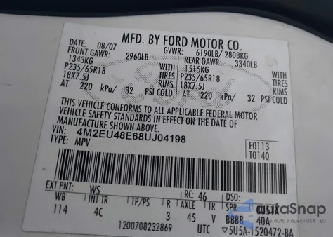 2008 Mercury Mountaineer Premier z USA, uszkodzony, nr VIN 4M2EU48E68UJ04198